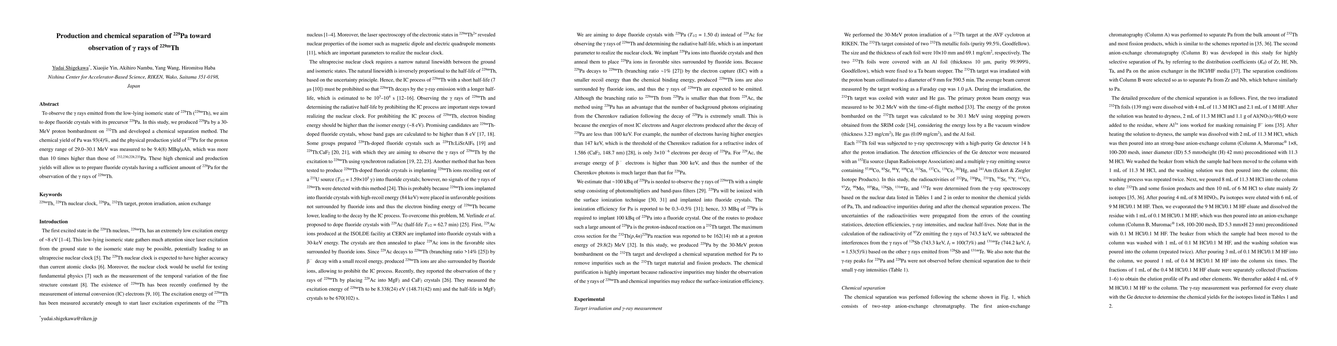 Thumbnail for Production and chemical separation of $^{229}$Pa toward observation of
  ${\gamma}$ rays of $^{229\rm{m}}$Th