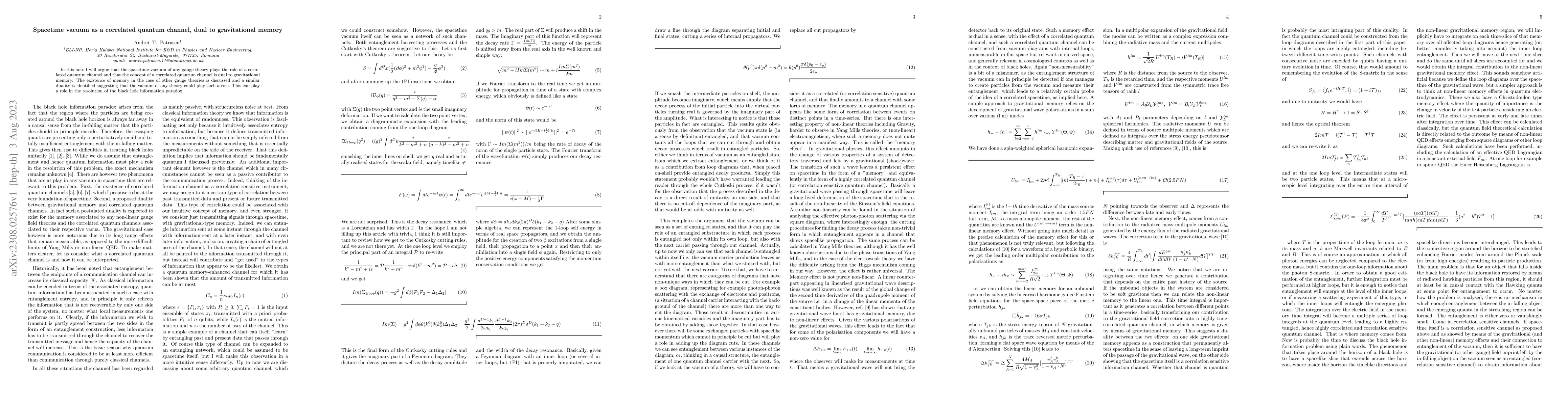 Thumbnail for Spacetime vacuum as a correlated quantum channel, dual to gravitational
  memory