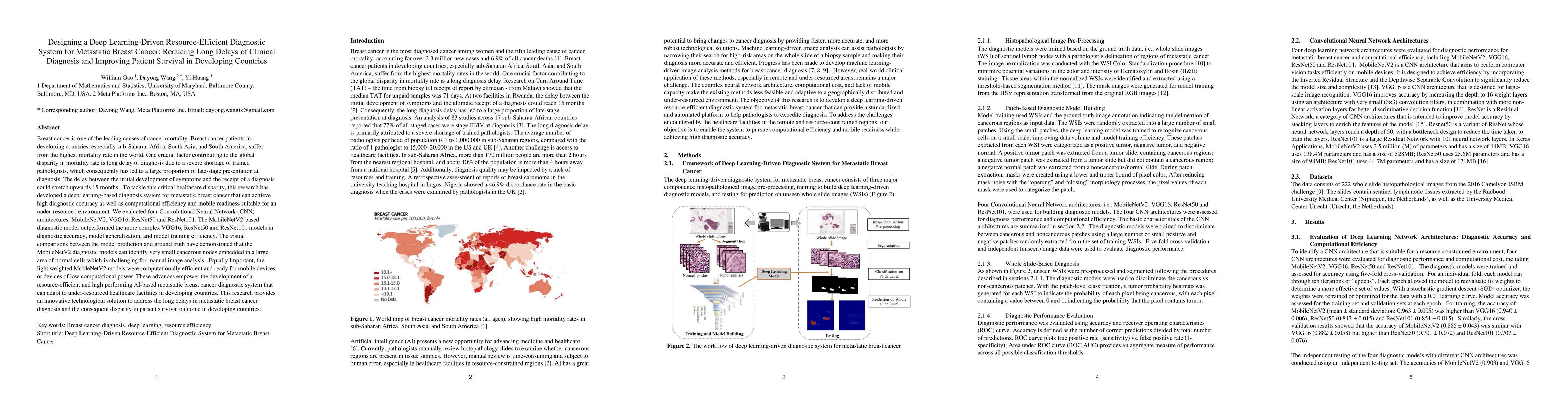 Thumbnail for Designing a Deep Learning-Driven Resource-Efficient Diagnostic System
  for Metastatic Breast Cancer: Reducing Long Delays of Clinical Diagnosis and
  Improving Patient Survival in Developing Countries