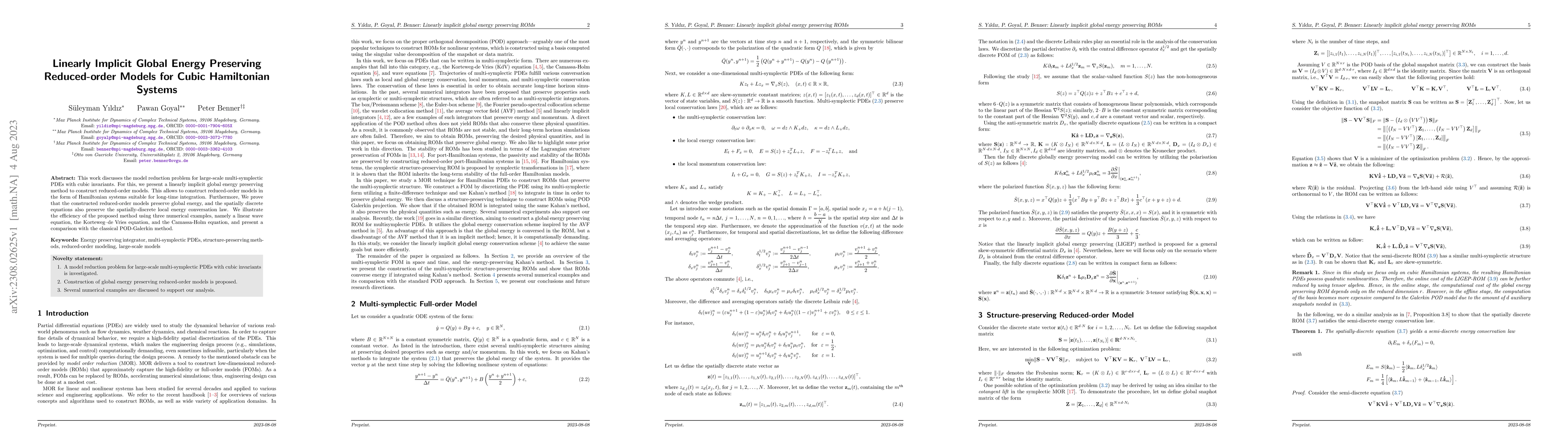 Thumbnail for Linearly Implicit Global Energy Preserving Reduced-order Models for
  Cubic Hamiltonian Systems