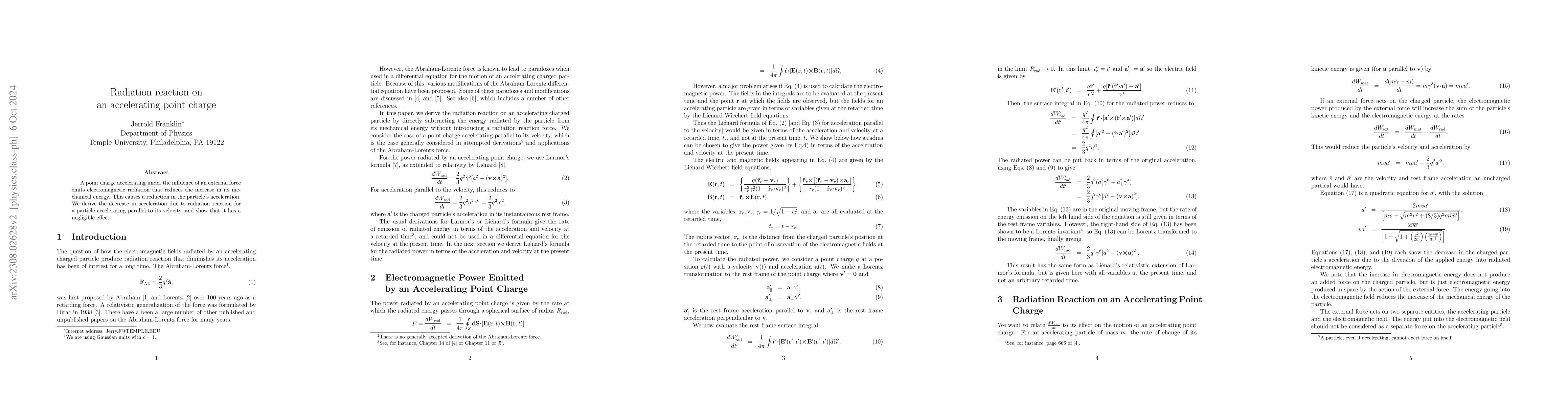 Thumbnail for Radiation reaction on an accelerating point charge