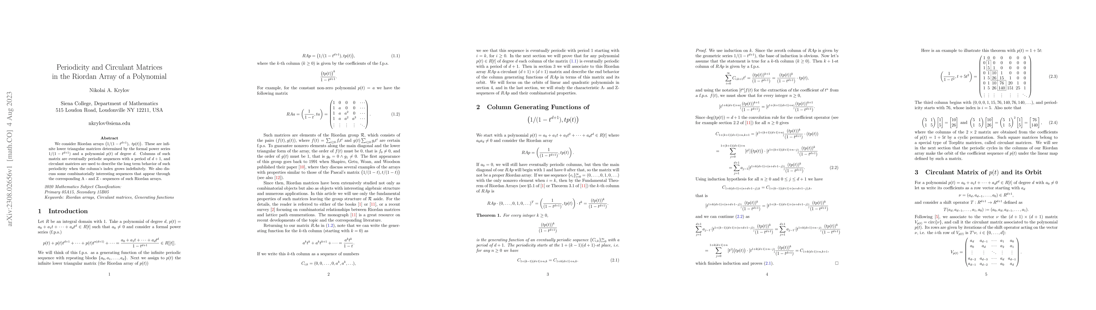 Thumbnail for Periodicity and Circulant Matrices in the Riordan Array of a Polynomial