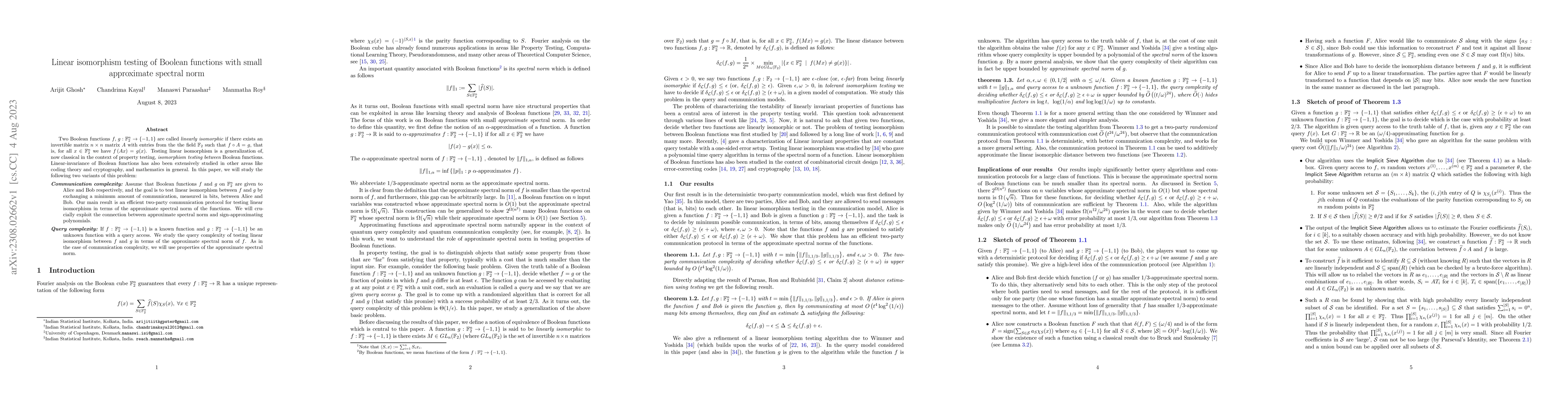 Thumbnail for Linear isomorphism testing of Boolean functions with small approximate
  spectral norm