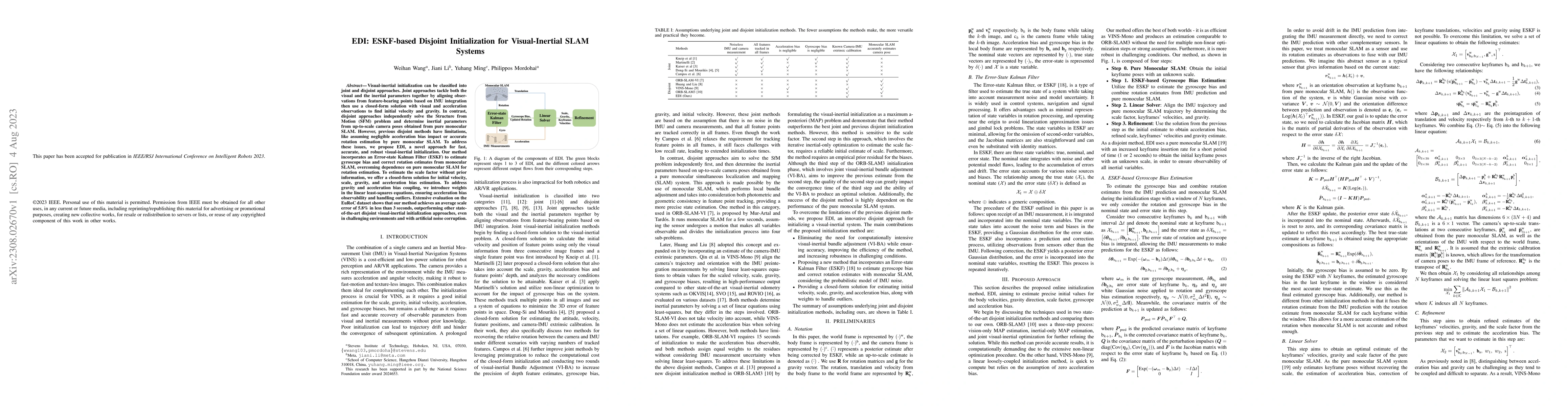Thumbnail for EDI: ESKF-based Disjoint Initialization for Visual-Inertial SLAM Systems