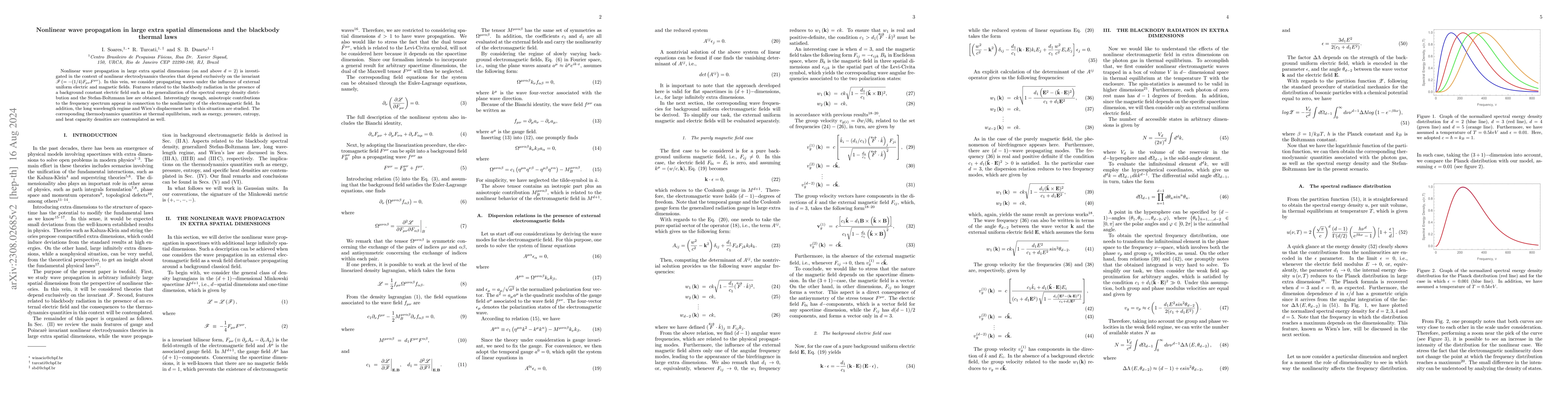 Thumbnail for Nonlinear wave propagation in large extra spatial dimensions and the
  blackbody thermal laws