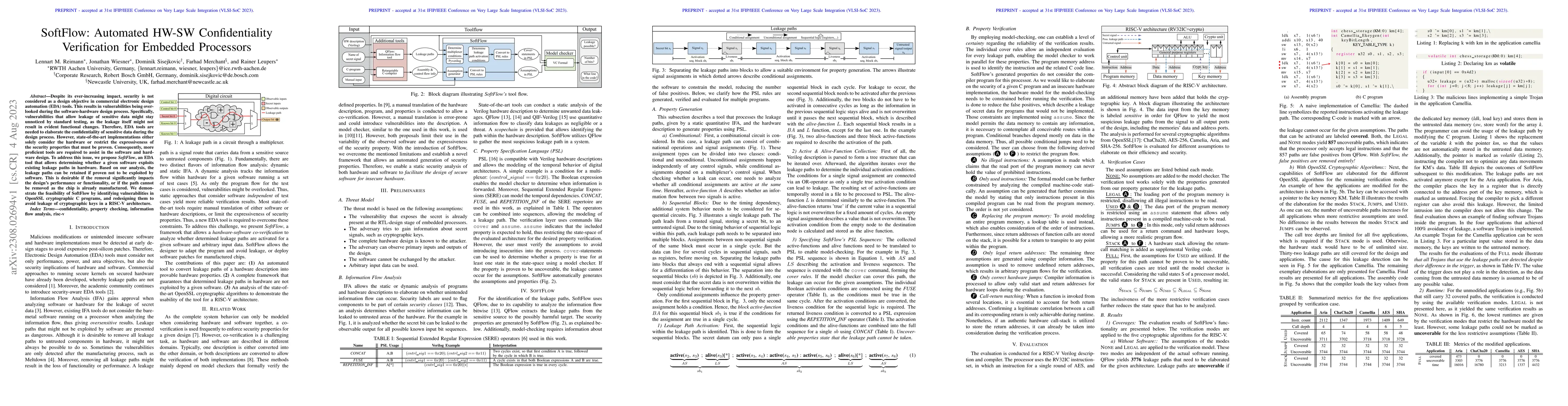 Thumbnail for SoftFlow: Automated HW-SW Confidentiality Verification for Embedded
  Processors