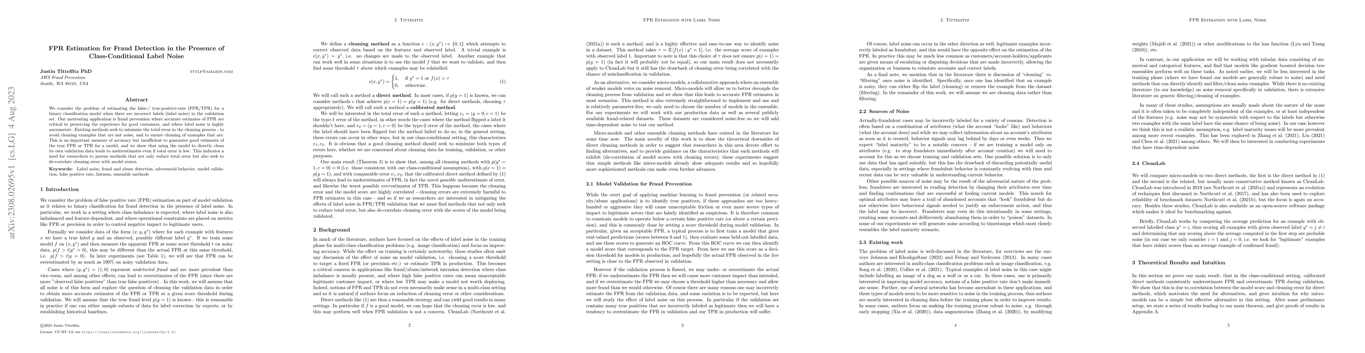 Thumbnail for FPR Estimation for Fraud Detection in the Presence of Class-Conditional
  Label Noise