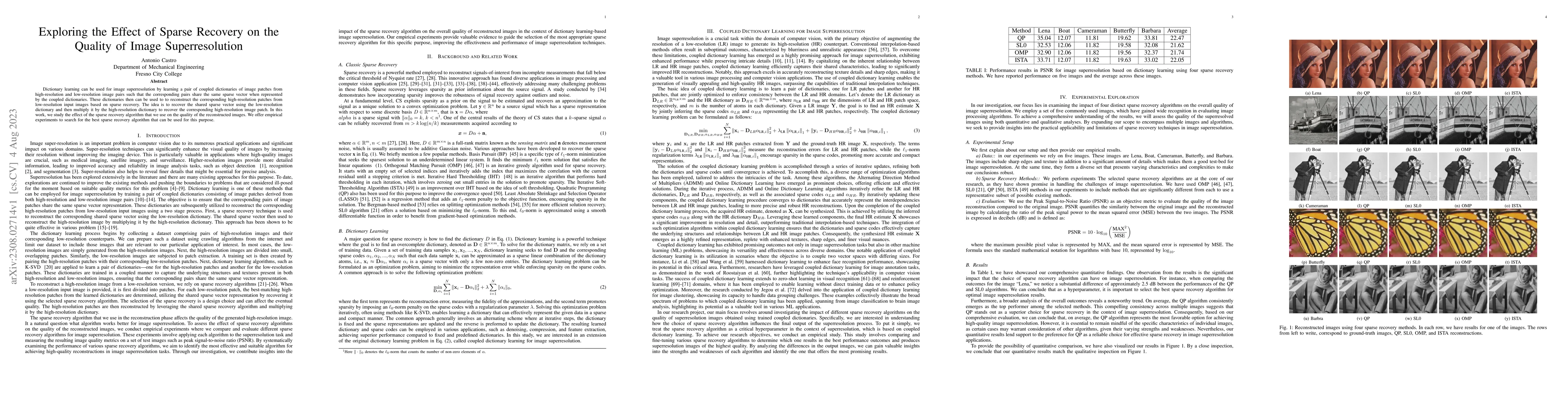 Thumbnail for Exploring the Effect of Sparse Recovery on the Quality of Image
  Superresolution