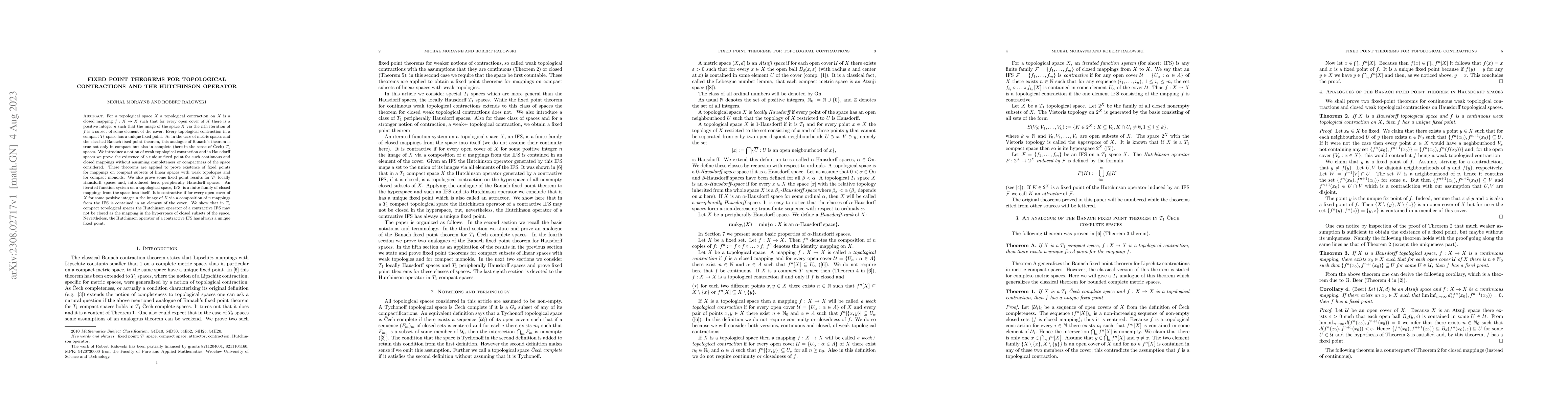 Thumbnail for Fixed point theorems for topological contractions and the Hutchinson
  operator