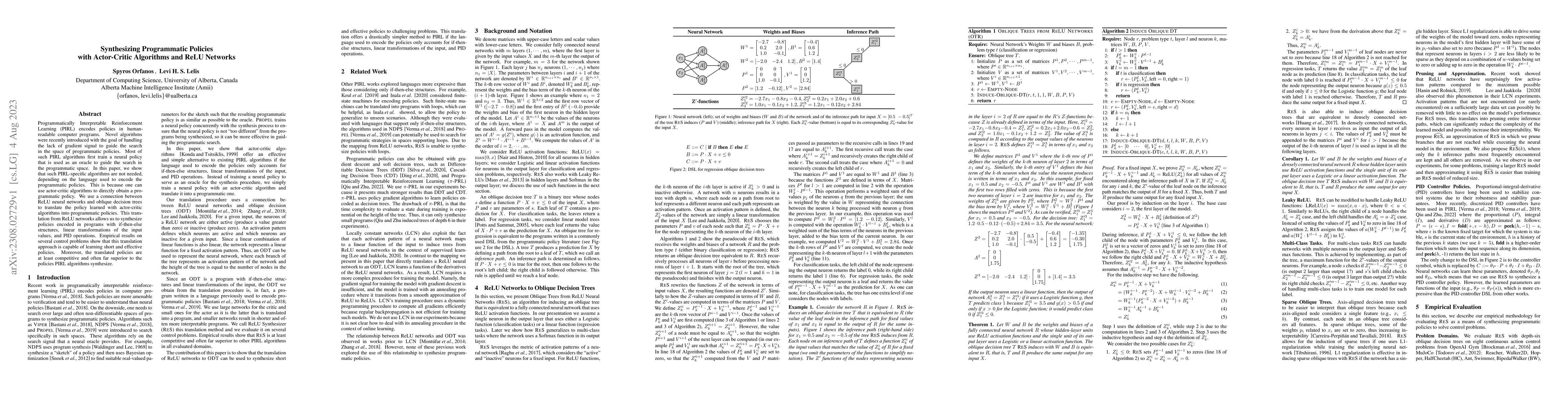 Thumbnail for Synthesizing Programmatic Policies with Actor-Critic Algorithms and ReLU
  Networks