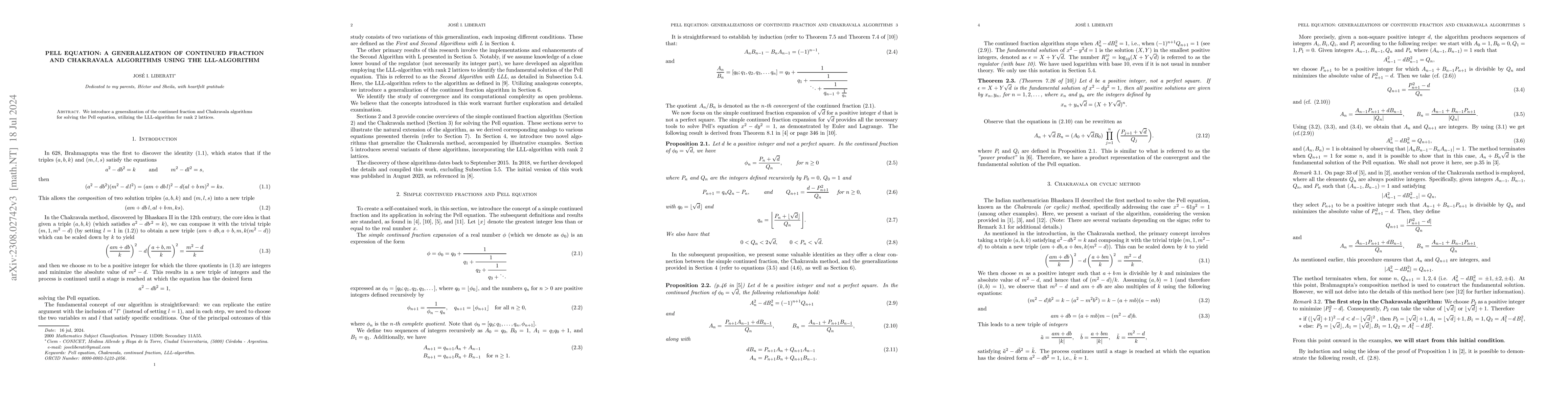Thumbnail for Pell equation: A generalization of continued fraction and Chakravala
  algorithms using the LLL-algorithm