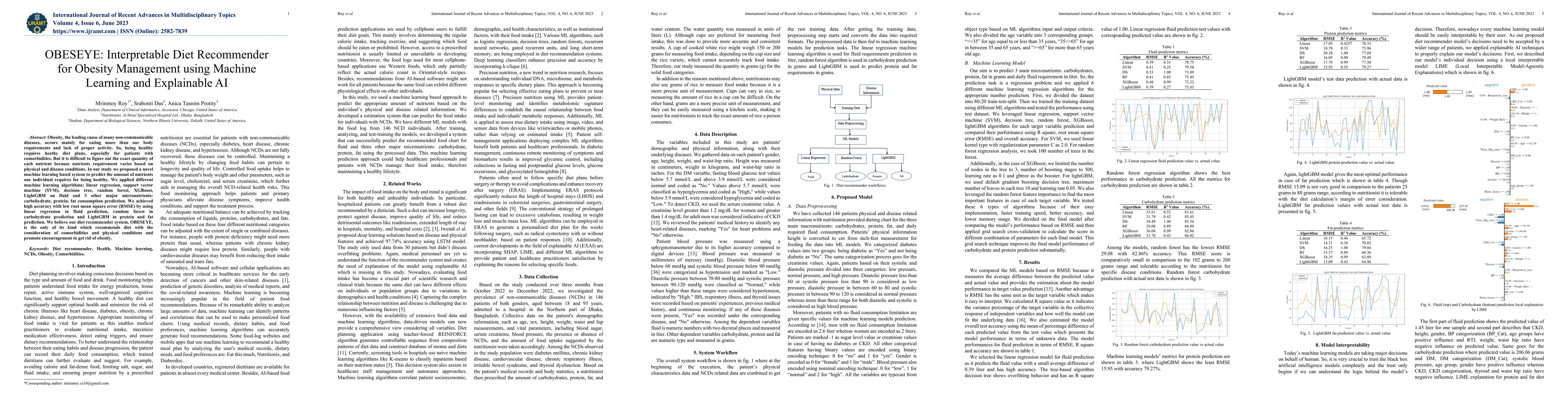 Thumbnail for OBESEYE: Interpretable Diet Recommender for Obesity Management using
  Machine Learning and Explainable AI