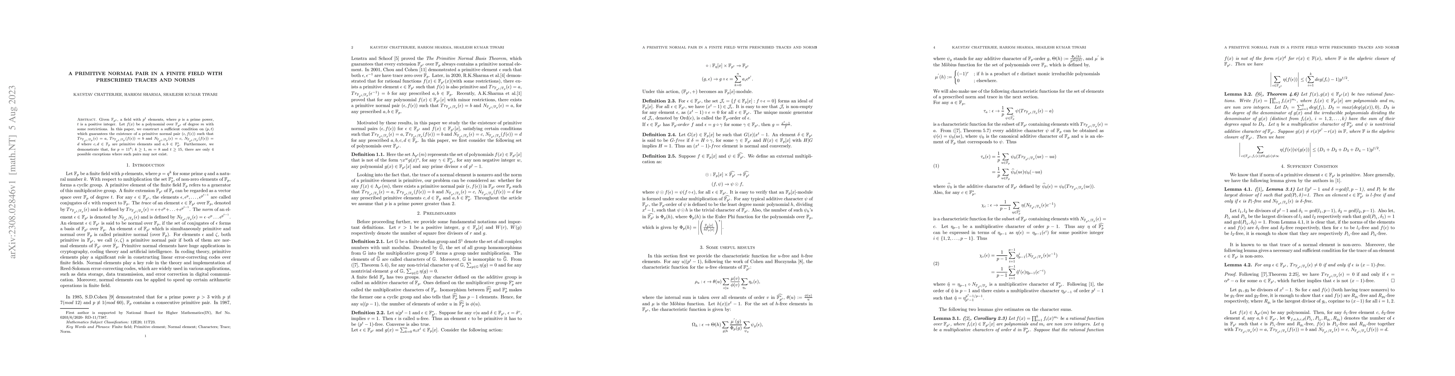 Thumbnail for A primitive normal pair in a finite field with prescribed traces and
  norms