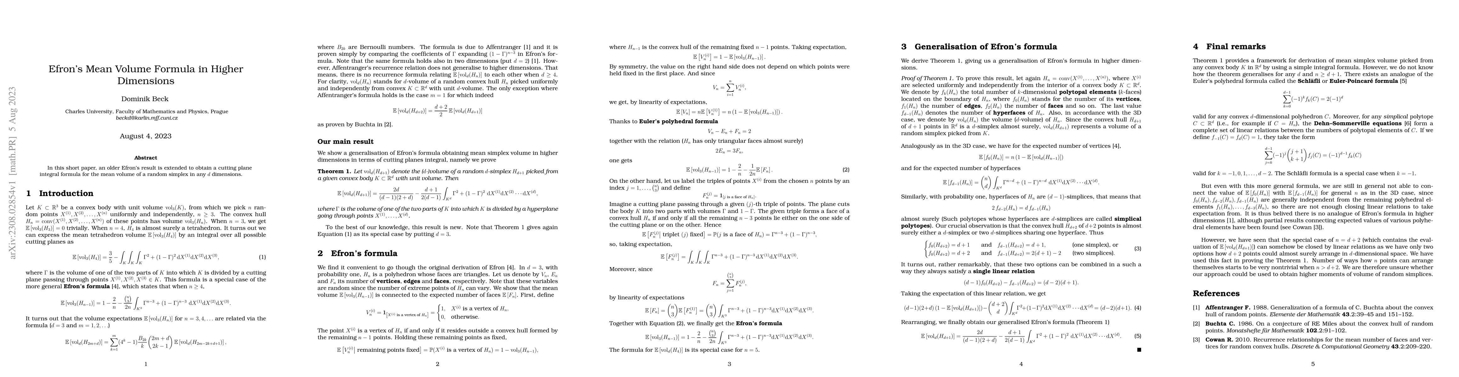 Thumbnail for Efron's Mean Volume Formula in Higher Dimensions