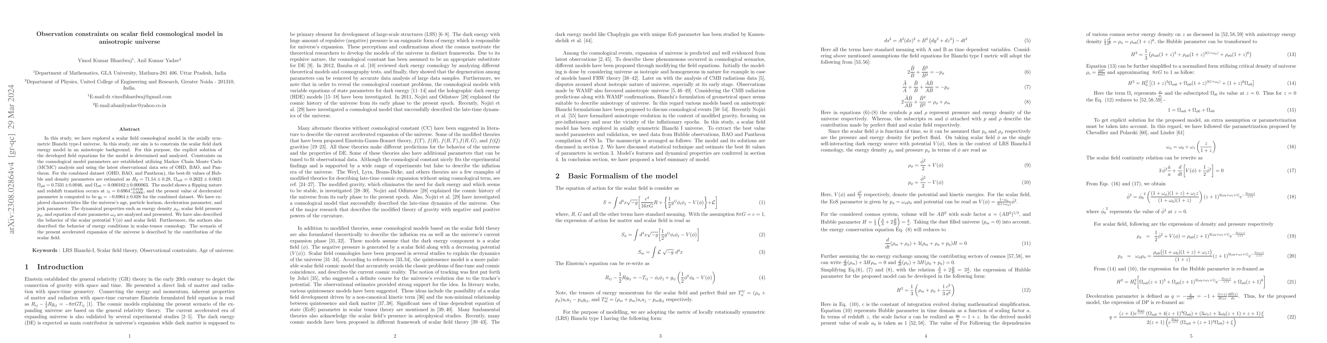 Thumbnail for Observation constraints on scalar field cosmological model in
  Anisotropic universe