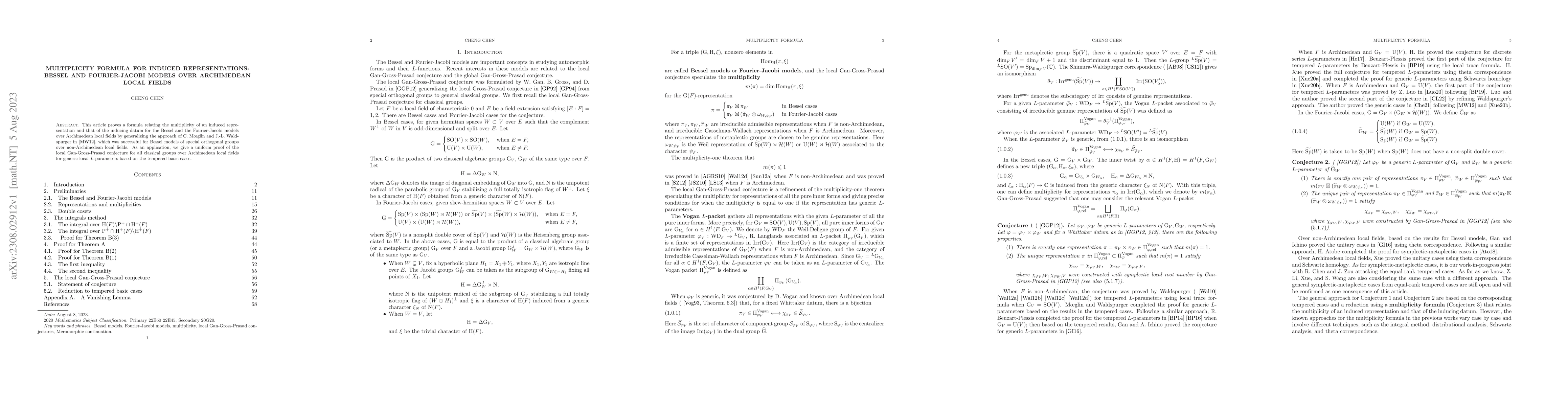 Thumbnail for Multiplicity formula for induced representations: Bessel and
  Fourier-Jacobi models over Archimedean local fields
