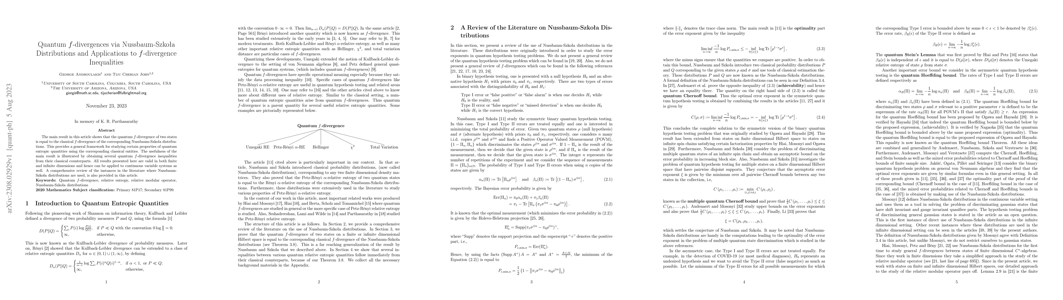 Thumbnail for Quantum $f$-divergences via Nussbaum-Szko{\l}a Distributions and
  Applications to $f$-divergence Inequalities