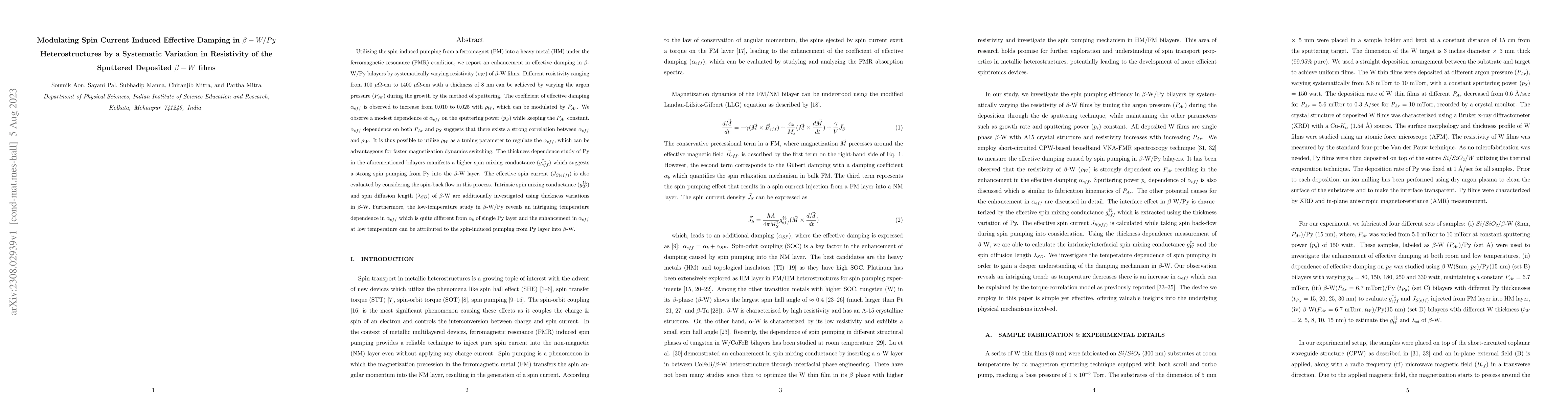 Thumbnail for Modulating Spin Current Induced Effective Damping in $\beta-W/Py$
  Heterostructures by a Systematic Variation in Resistivity of the Sputtered
  Deposited $\beta-W$ films