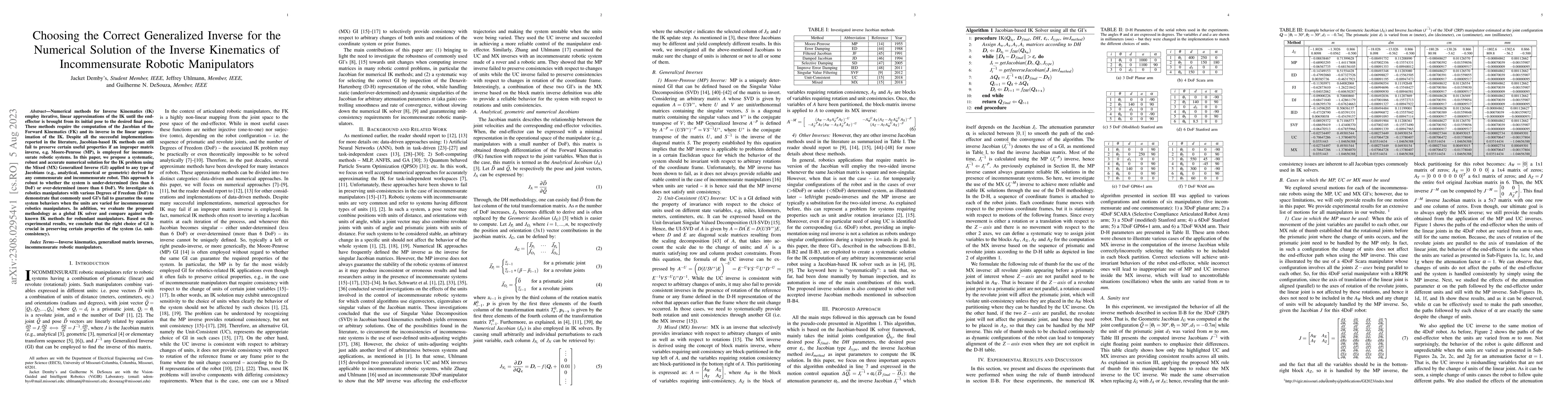 Thumbnail for Choosing the Correct Generalized Inverse for the Numerical Solution of
  the Inverse Kinematics of Incommensurate Robotic Manipulators