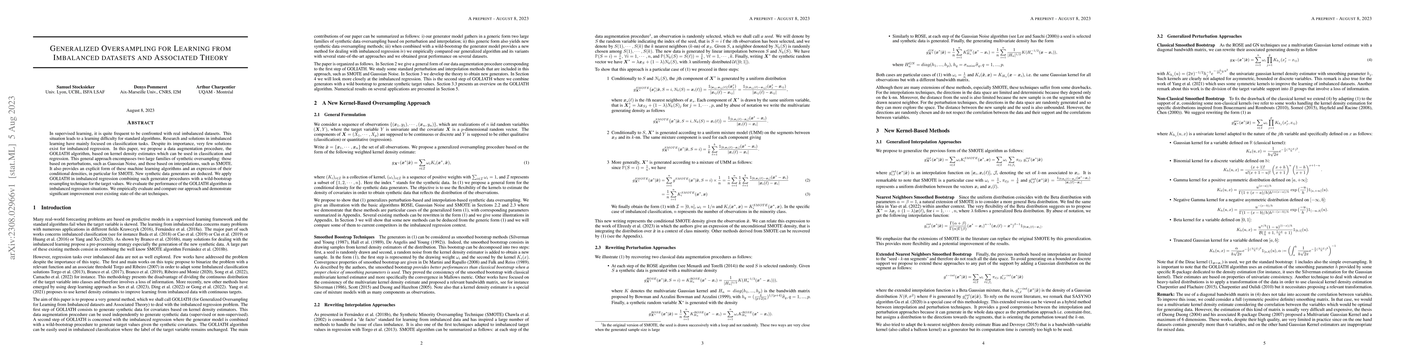Thumbnail for Generalized Oversampling for Learning from Imbalanced datasets and
  Associated Theory