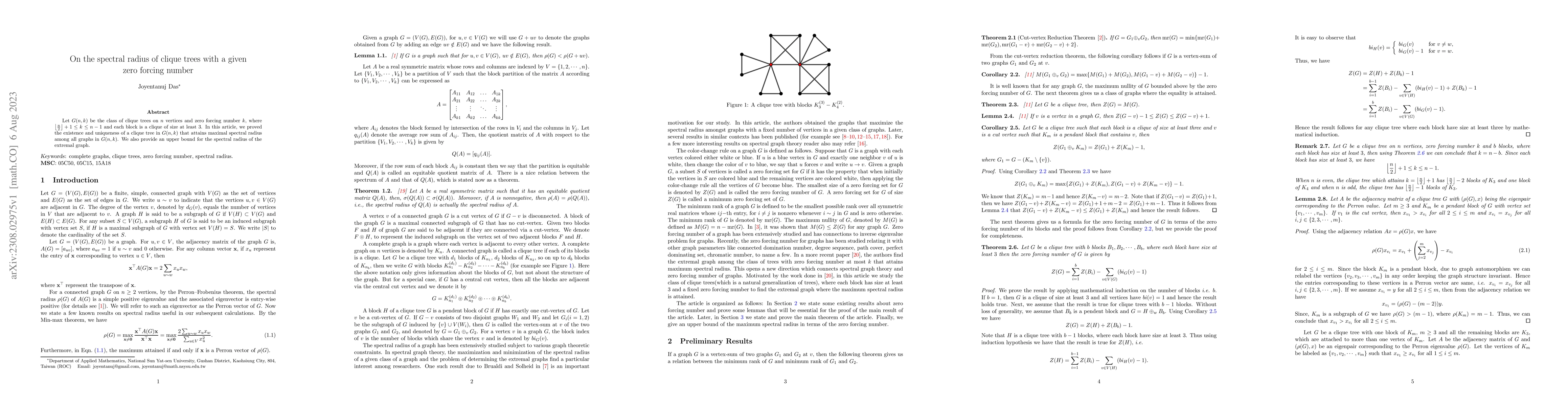 Thumbnail for On the spectral radius of clique trees with a given zero forcing number