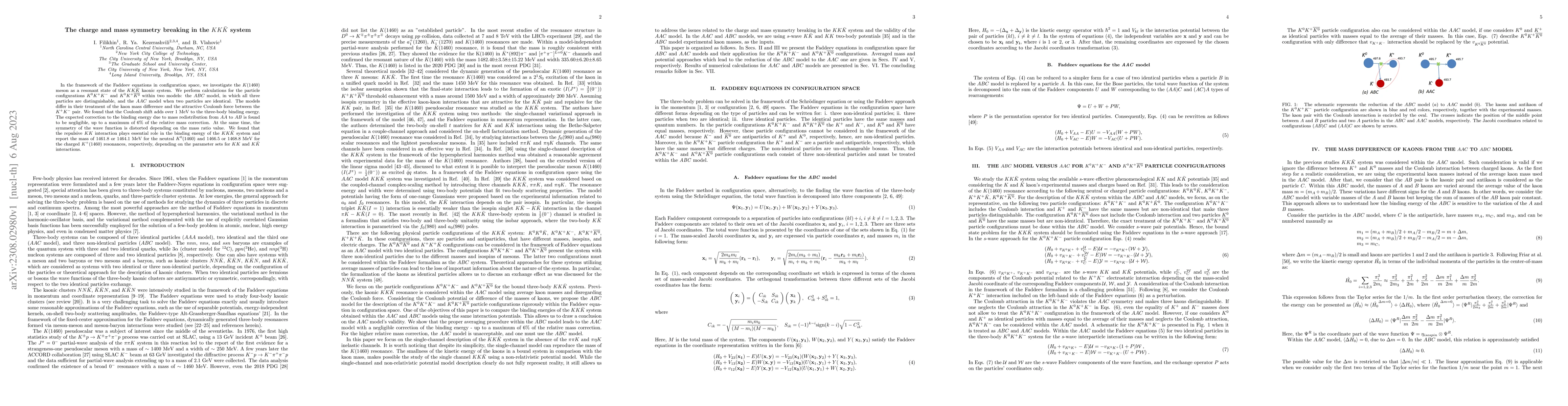 Thumbnail for The charge and mass symmetry breaking in the $KK\bar{K}$ system