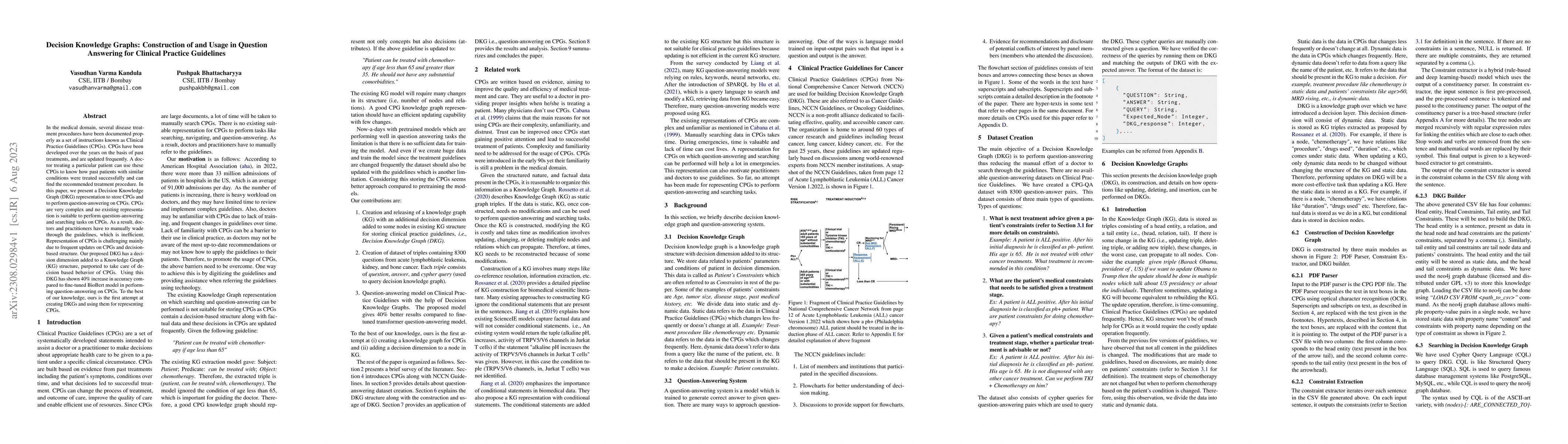 Thumbnail for Decision Knowledge Graphs: Construction of and Usage in Question
  Answering for Clinical Practice Guidelines