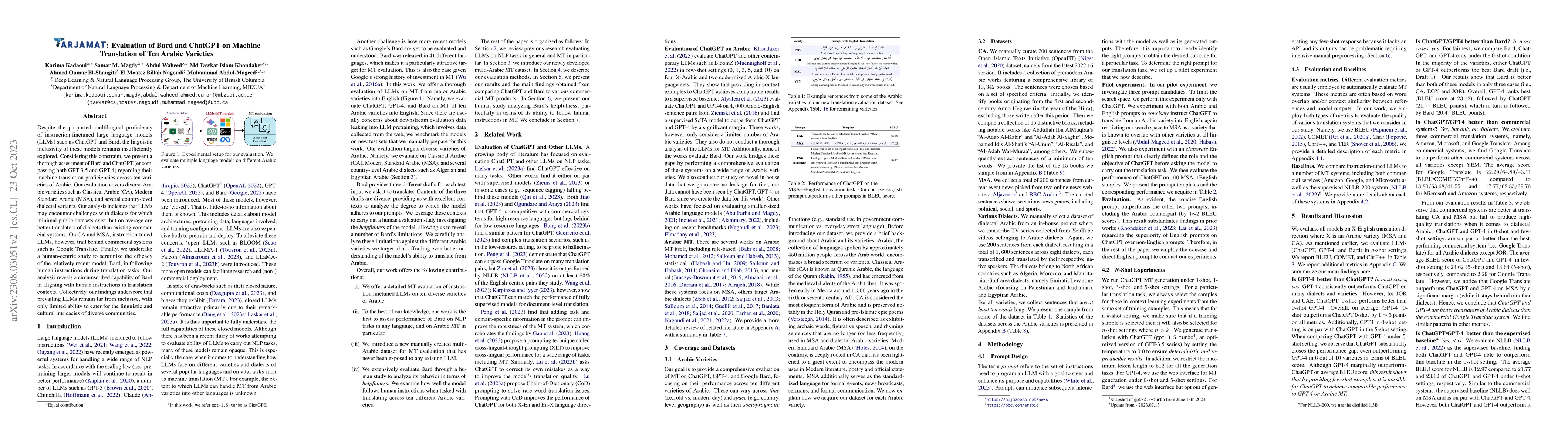 Thumbnail for TARJAMAT: Evaluation of Bard and ChatGPT on Machine Translation of Ten
  Arabic Varieties