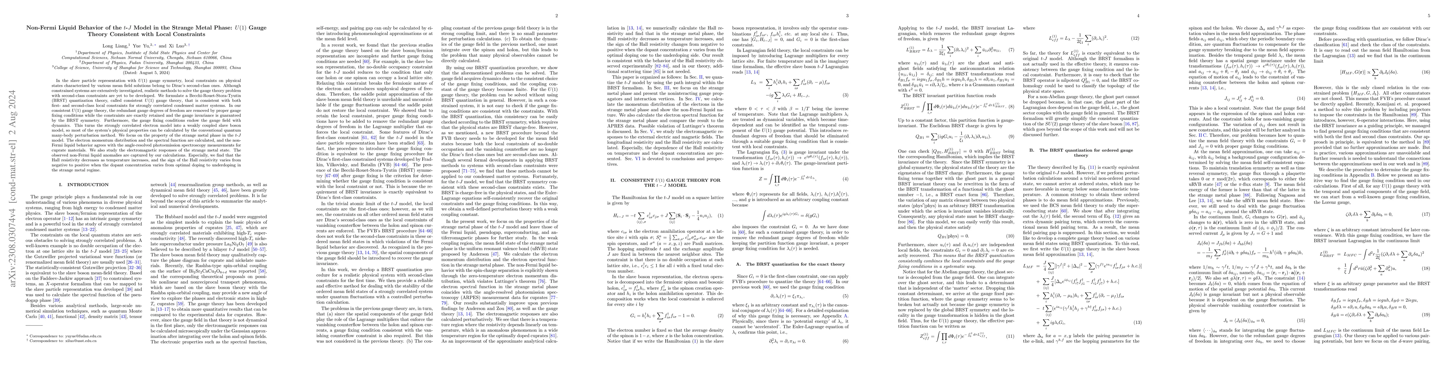 Thumbnail for Non-Fermi Liquid Behavior of the $t$-$J$ Model in the Strange Metal
  Phase: $U(1)$ Gauge Theory Consistent with Local Constraints