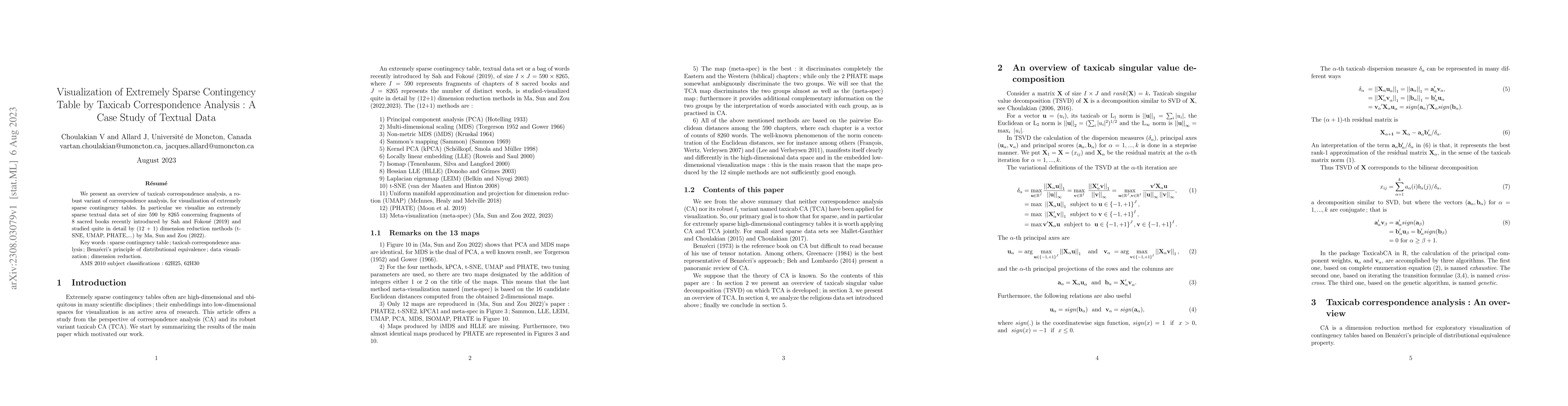 Thumbnail for Visualization of Extremely Sparse Contingency Table by Taxicab
  Correspondence Analysis: A Case Study of Textual Data