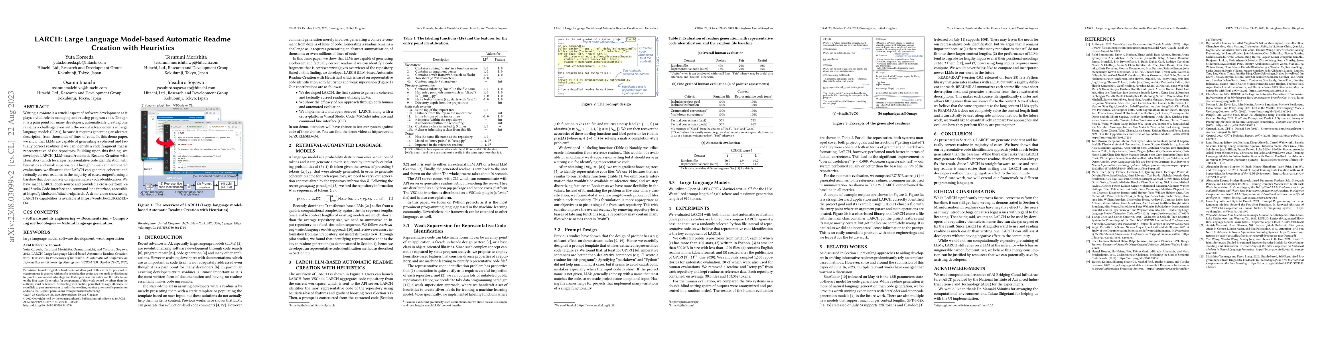 Thumbnail for LARCH: Large Language Model-based Automatic Readme Creation with
  Heuristics