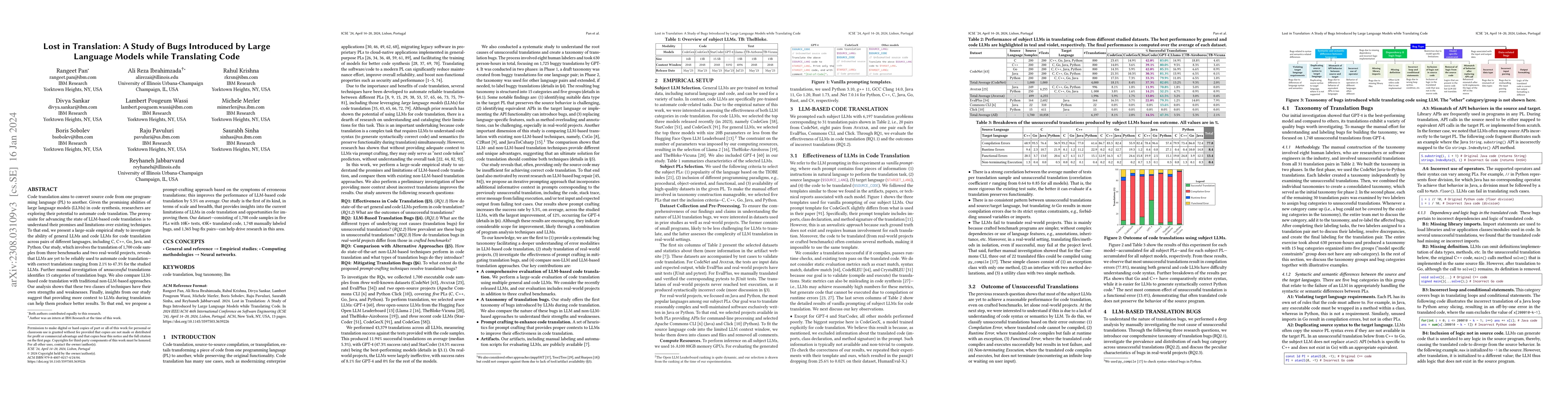 Thumbnail for Lost in Translation: A Study of Bugs Introduced by Large Language Models
  while Translating Code