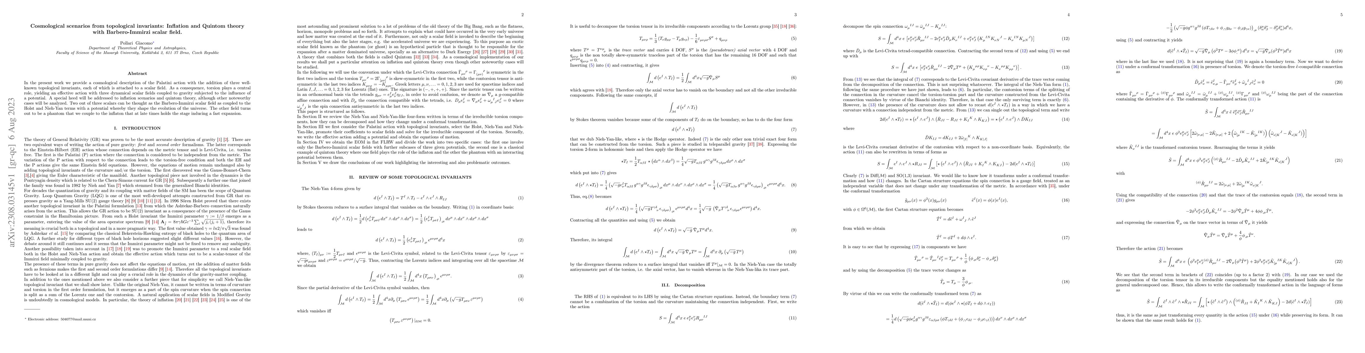 Thumbnail for Cosmological scenarios from topological invariants: Inflation and
  Quintom theory with Barbero-Immirzi scalar field