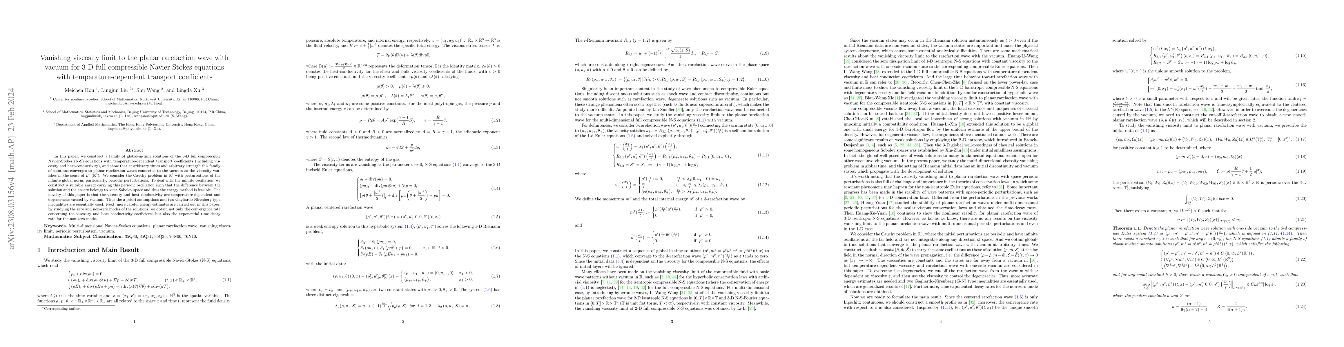 Thumbnail for Vanishing viscosity limit to the planar rarefaction wave with vacuum for
  3-D full compressible Navier-Stokes equations with temperature-dependent
  transport coefficients