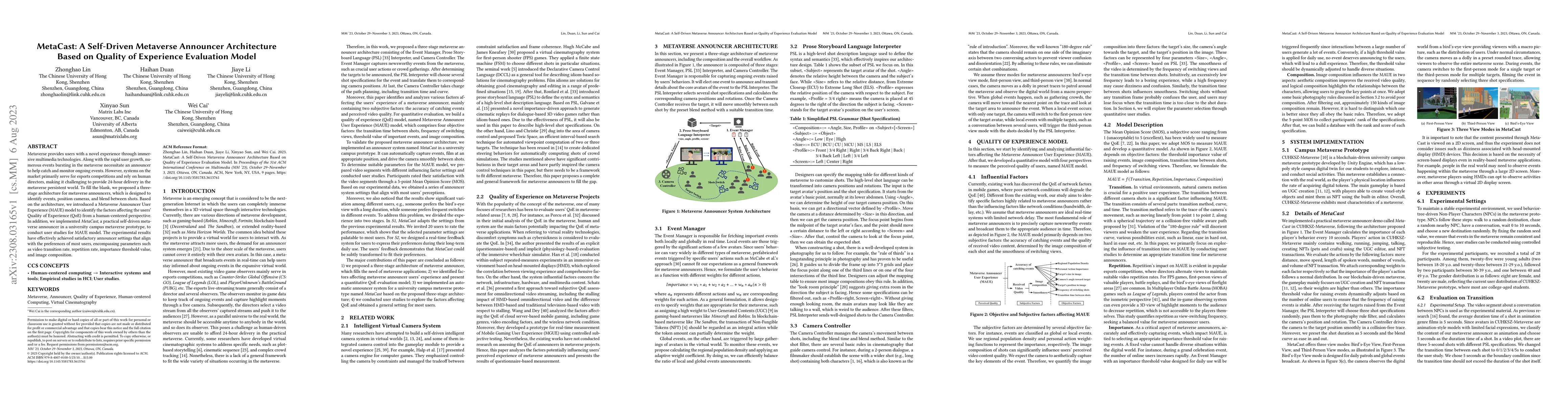 Thumbnail for MetaCast: A Self-Driven Metaverse Announcer Architecture Based on
  Quality of Experience Evaluation Model
