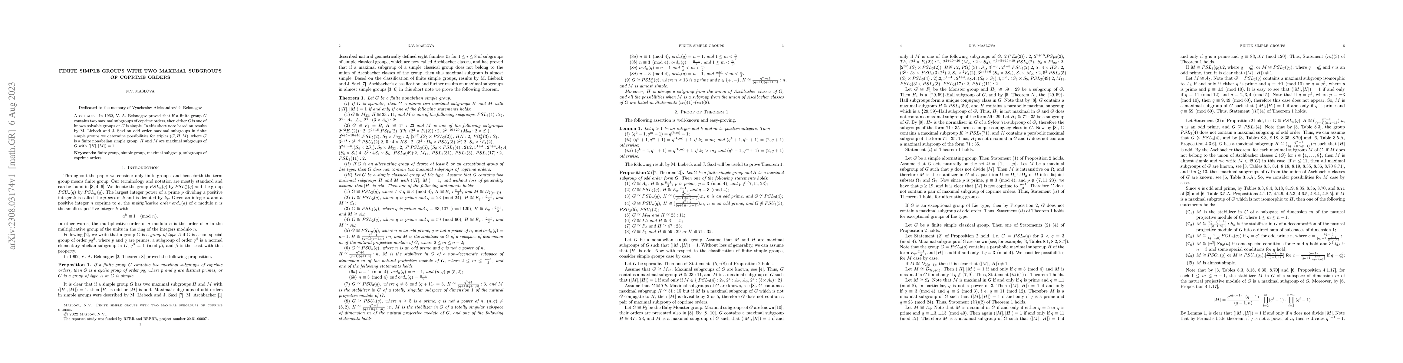 Thumbnail for Finite simple groups with two maximal subgroups of coprime orders