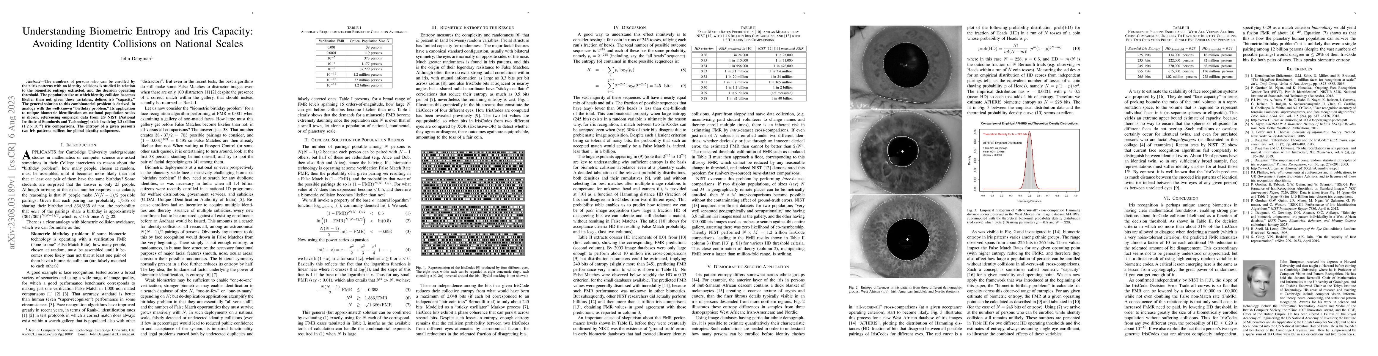 Thumbnail for Understanding Biometric Entropy and Iris Capacity: Avoiding Identity
  Collisions on National Scales