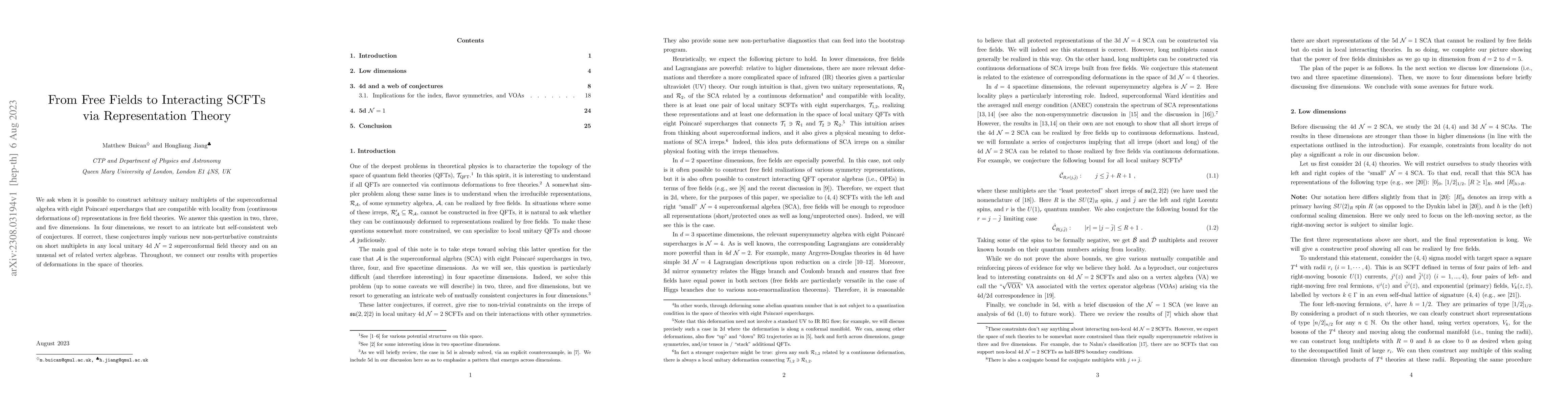 Thumbnail for From Free Fields to Interacting SCFTs via Representation Theory