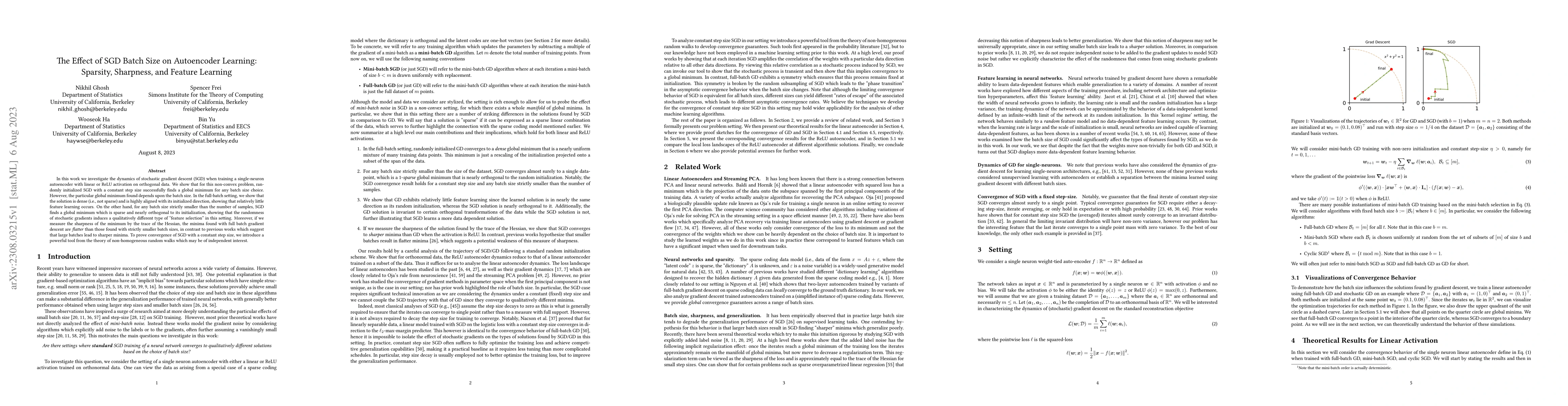 Thumbnail for The Effect of SGD Batch Size on Autoencoder Learning: Sparsity,
  Sharpness, and Feature Learning