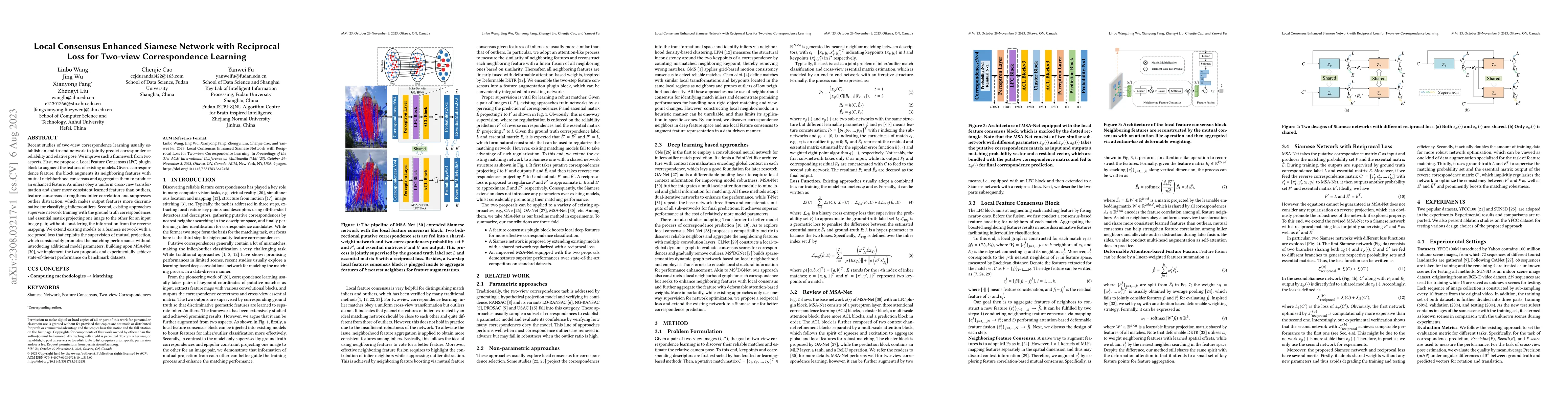 Thumbnail for Local Consensus Enhanced Siamese Network with Reciprocal Loss for
  Two-view Correspondence Learning