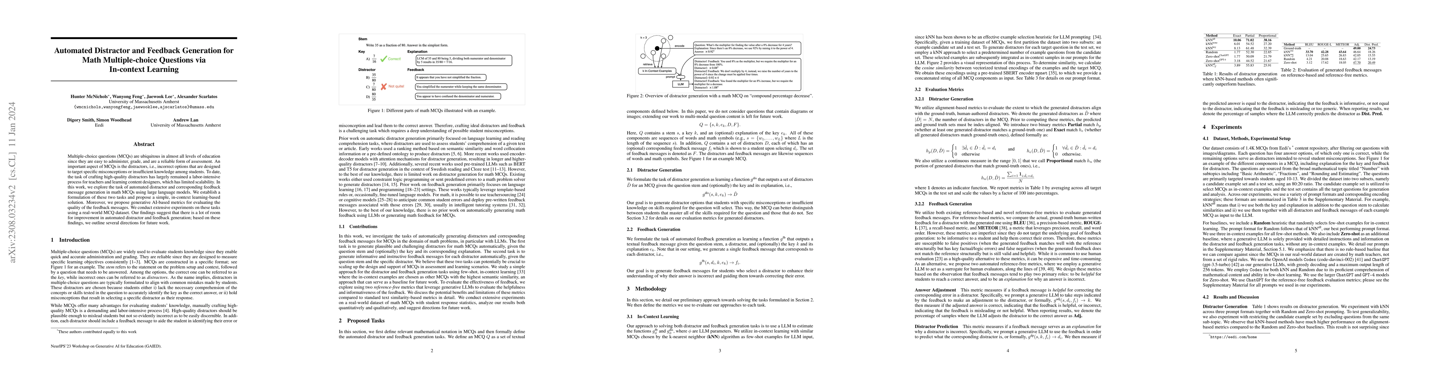 Thumbnail for Automated Distractor and Feedback Generation for Math Multiple-choice
  Questions via In-context Learning