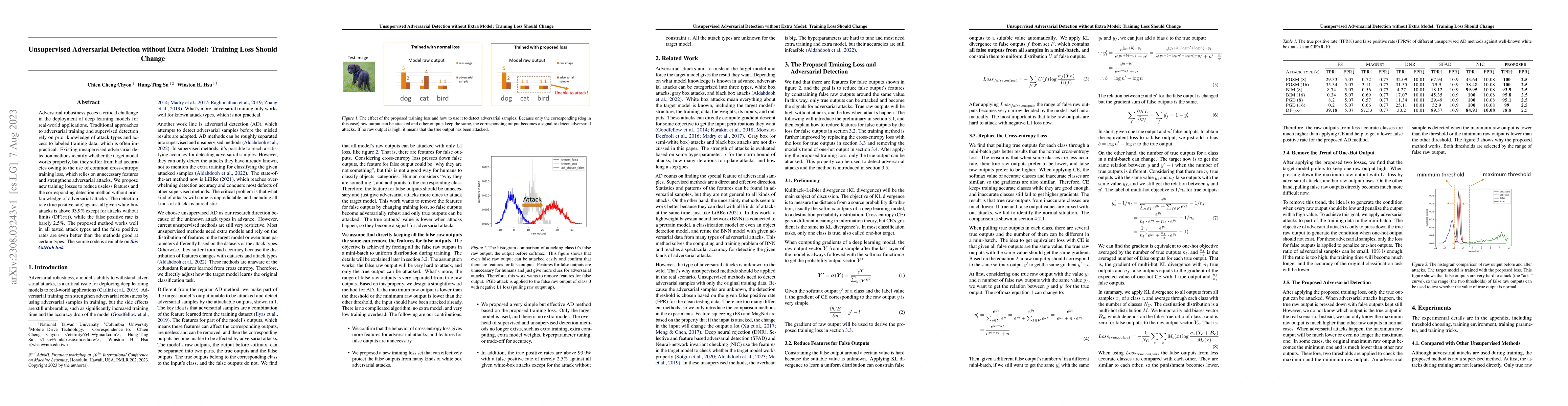 Thumbnail for Unsupervised Adversarial Detection without Extra Model: Training Loss
  Should Change