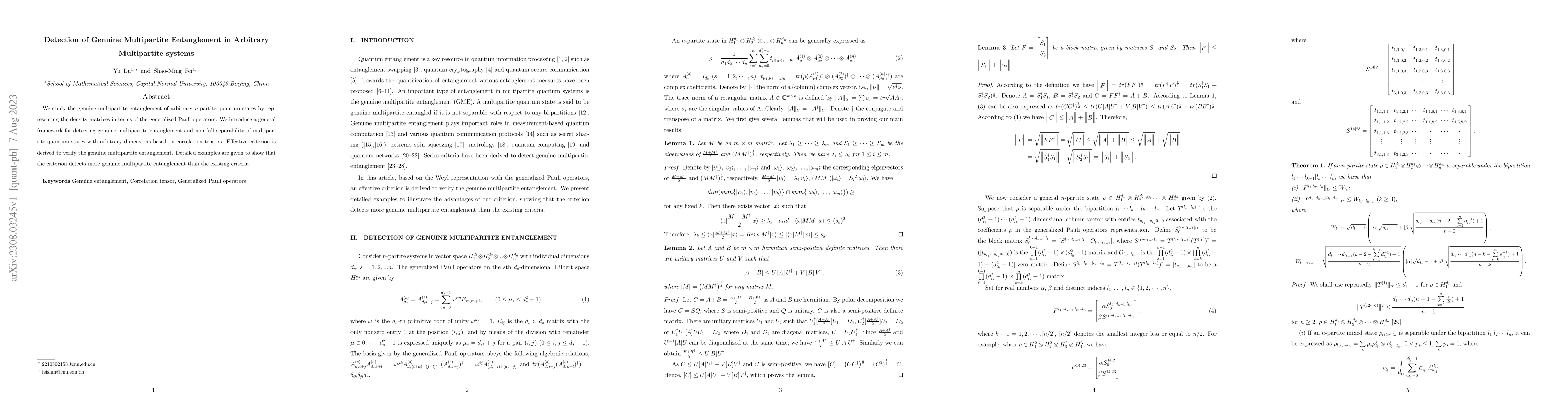 Thumbnail for Detection of Genuine Multipartite Entanglement in Arbitrary Multipartite
  systems