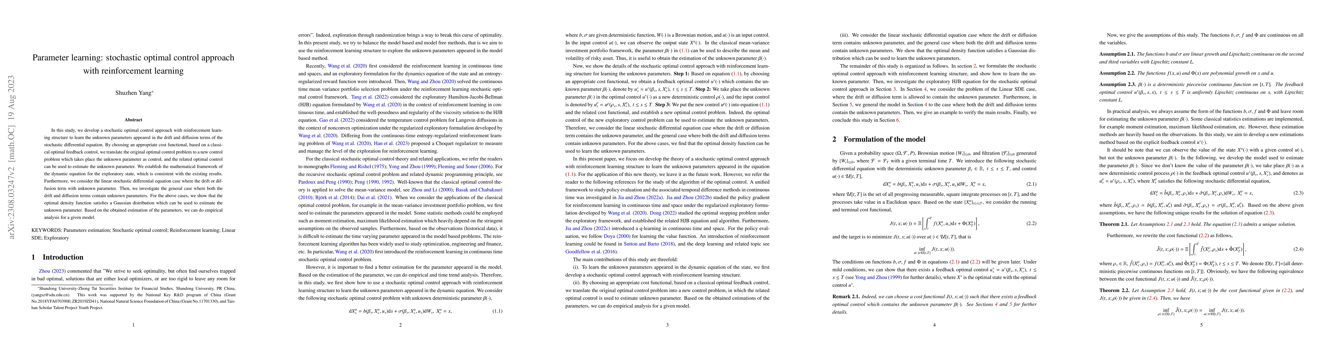 Thumbnail for Parameter learning: stochastic optimal control approach with
  reinforcement learning