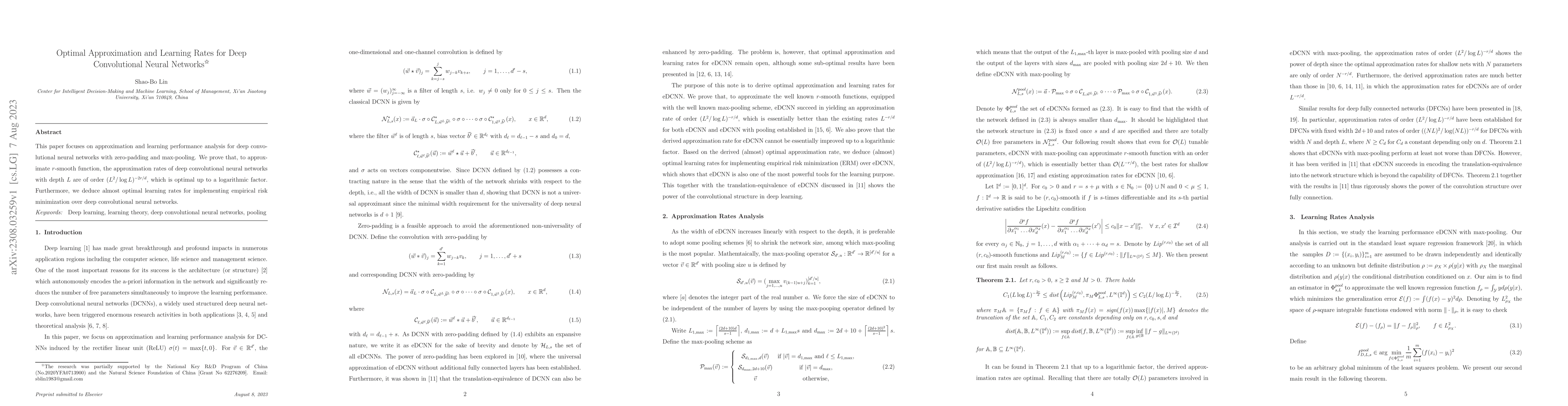 Thumbnail for Optimal Approximation and Learning Rates for Deep Convolutional Neural
  Networks