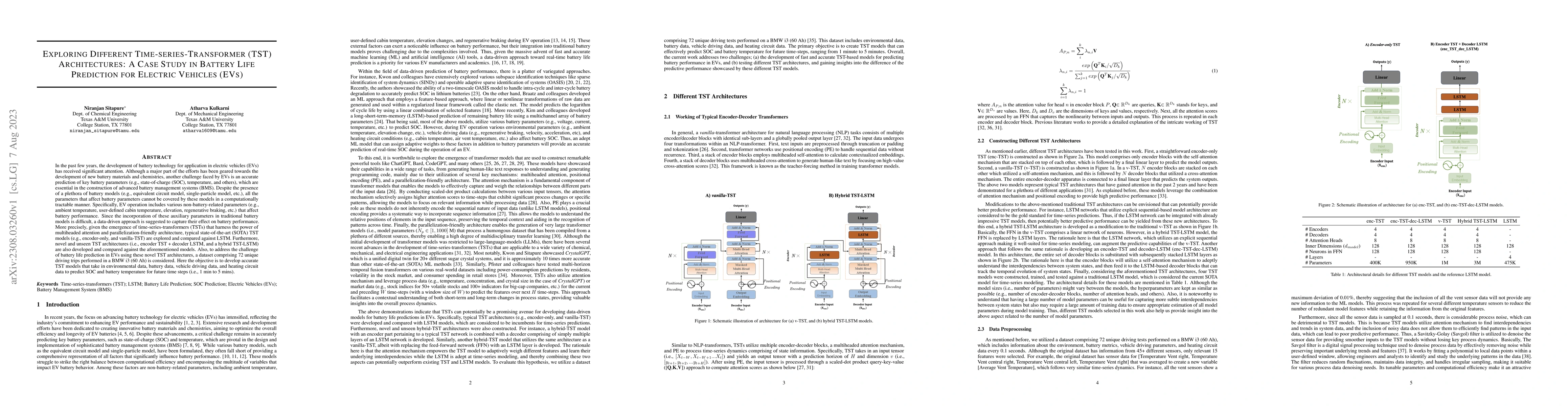 Thumbnail for Exploring Different Time-series-Transformer (TST) Architectures: A Case
  Study in Battery Life Prediction for Electric Vehicles (EVs)