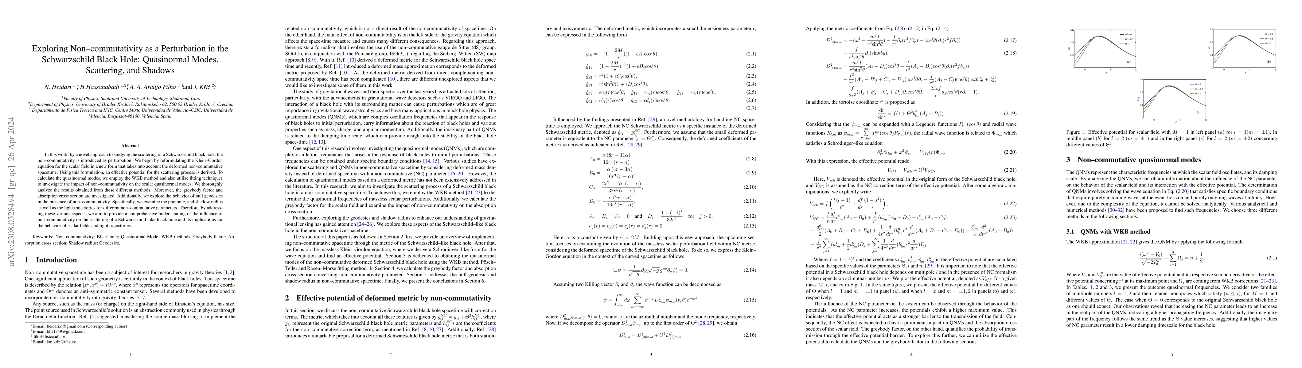 Thumbnail for Exploring Non--commutativity as a Perturbation in the Schwarzschild
  Black Hole: Quasinormal Modes, Scattering, and Shadows