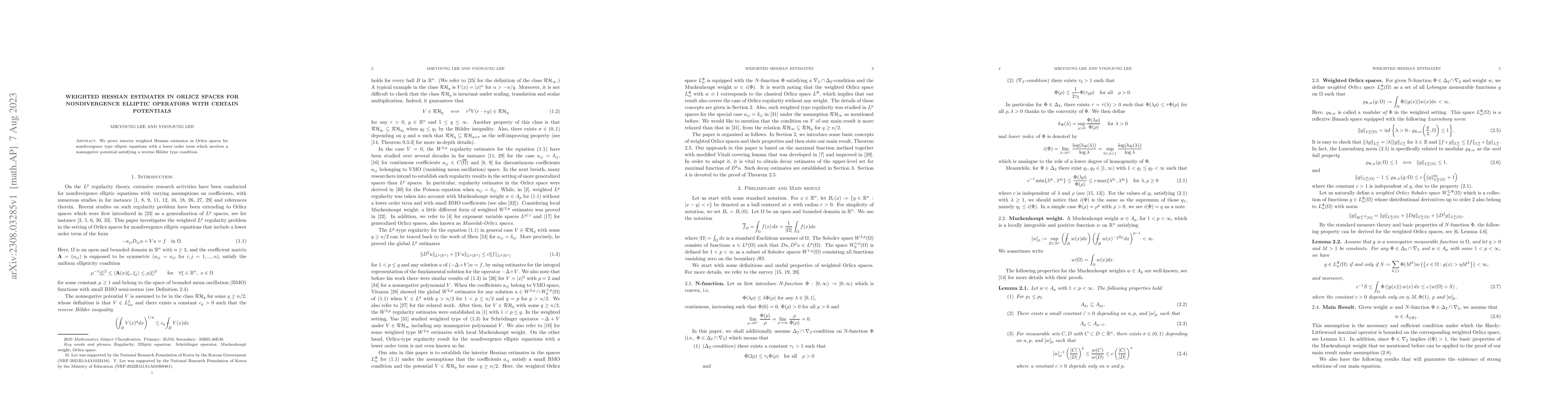 Thumbnail for Weighted Hessian estimates in Orlicz spaces for nondivergence elliptic
  operators with certain potentials
