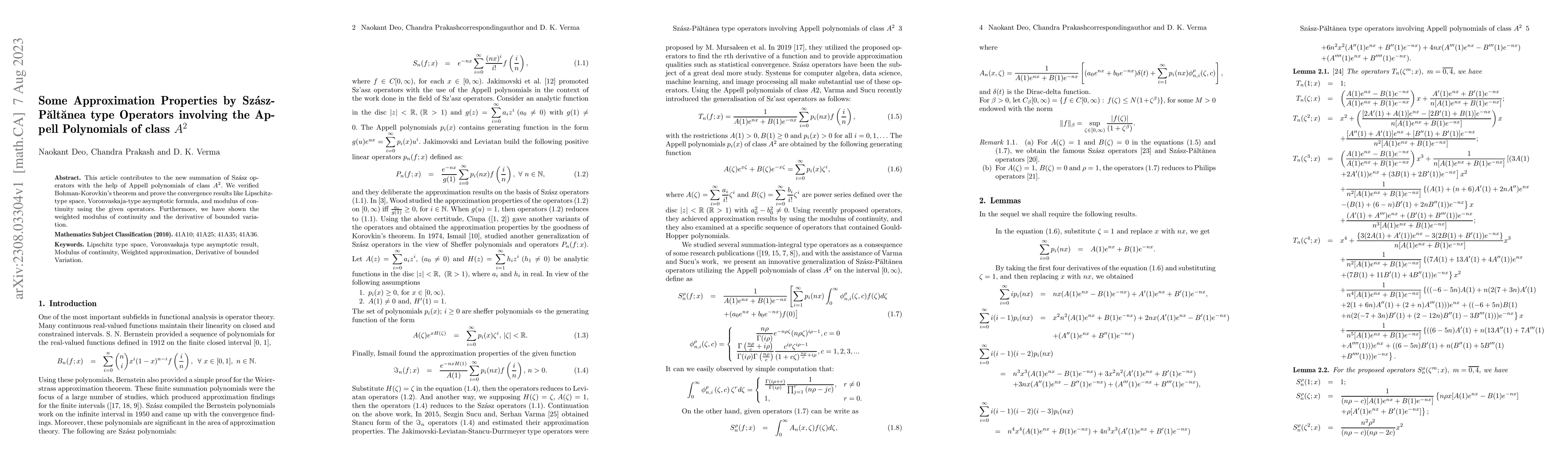 Thumbnail for Some Approximation Properties by Sz\'asz-P{\u{a}}lt{\u{a}}nea type
  Operators involving the Appell Polynomials of class $A^2$