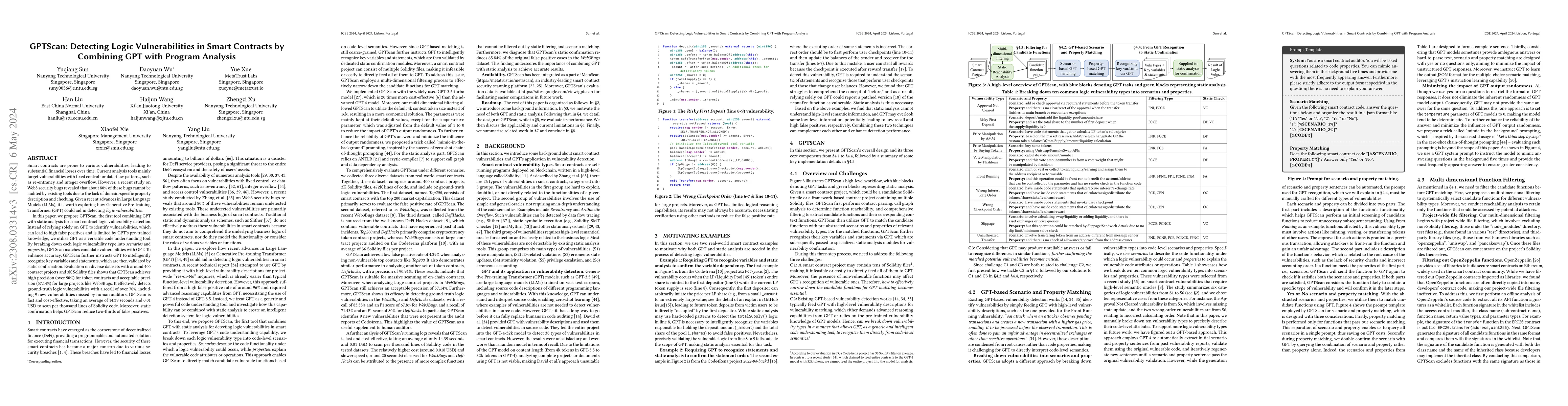 Thumbnail for GPTScan: Detecting Logic Vulnerabilities in Smart Contracts by Combining
  GPT with Program Analysis